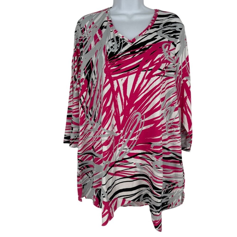 Chico's Abstract Stroke V-Neck 3/4 Sleeve Asymmetrical Hem Top Size 3 US XL